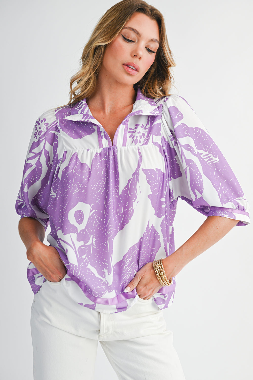 Purple Floral V-Neck Bubble Sleeve Blouse