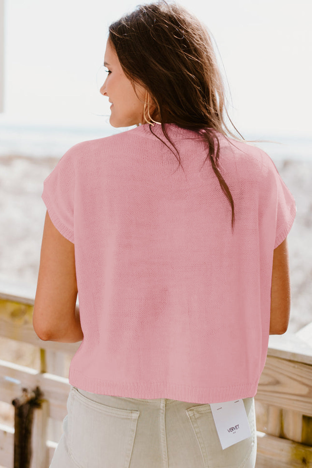 Pink Flower Patch Knit Round Neck Tee