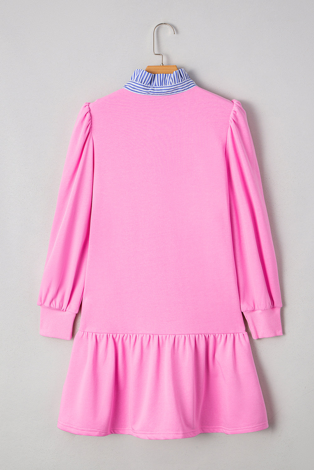 Pink Striped Collar Long Sleeve Ruffle Hem Dress
