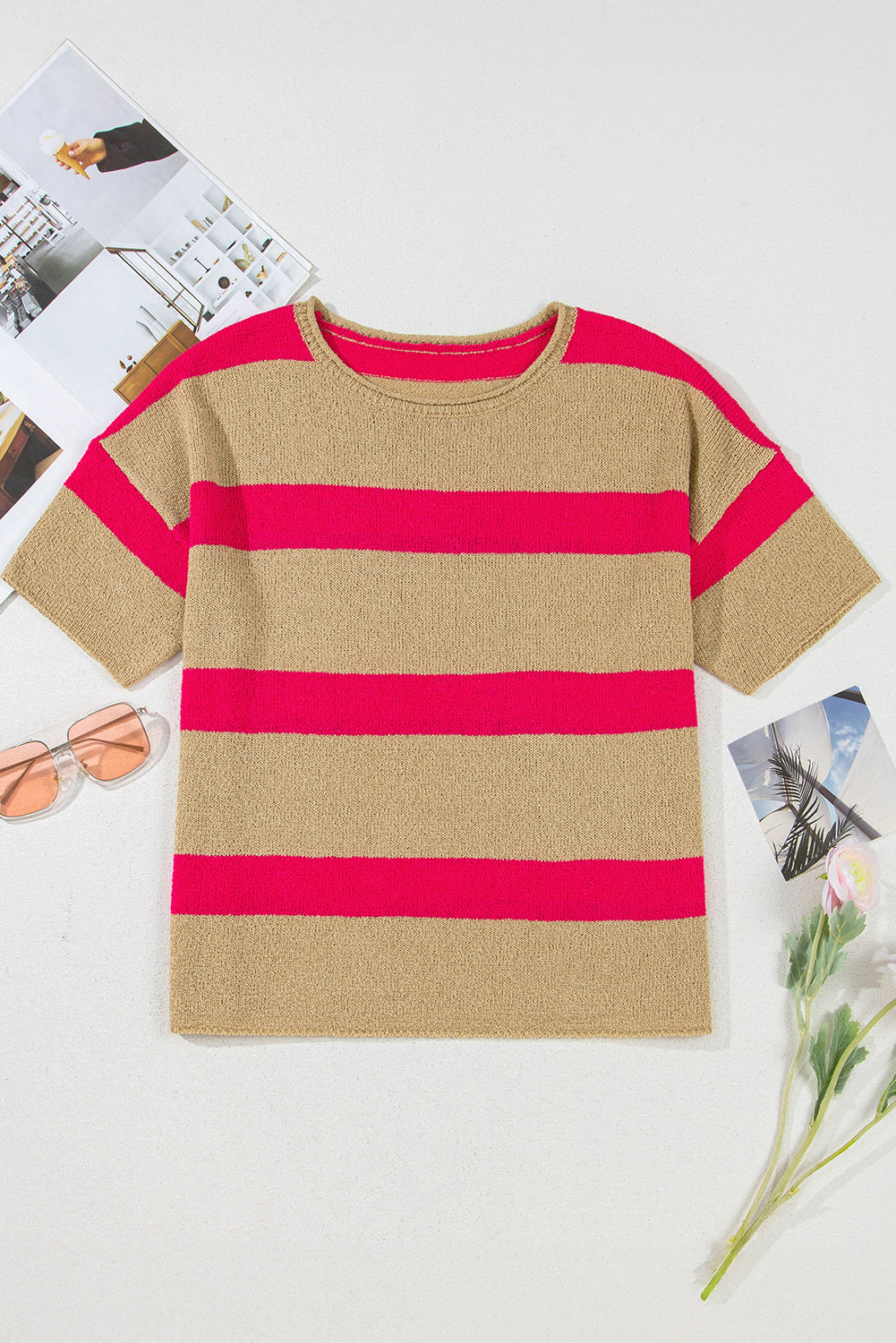 Pink Stripe Colorblock Short Sleeve Crew Neck Lightweight Sweater