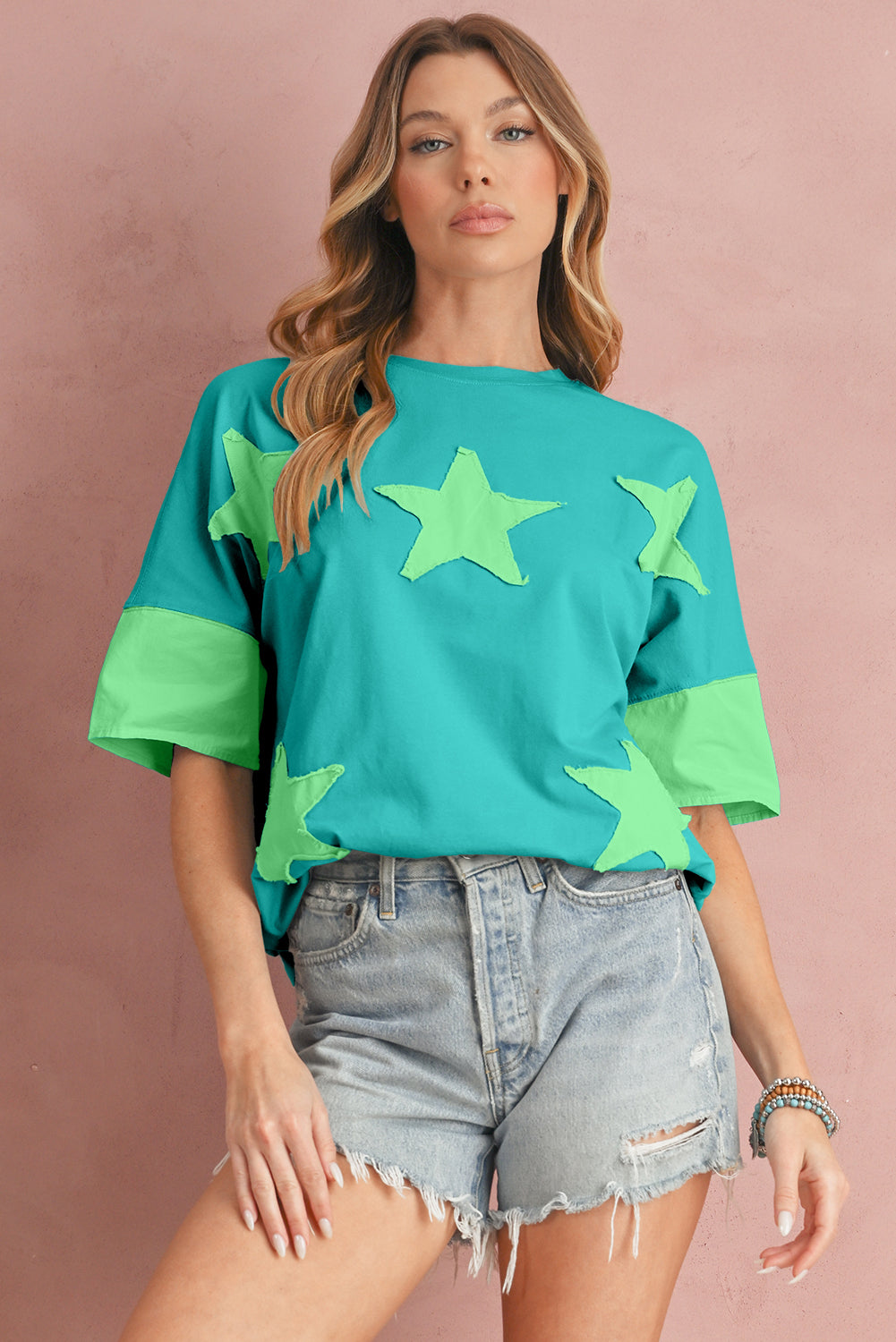 Aruba Blue Frayed Star Patched 4th of July Oversize T Shirt