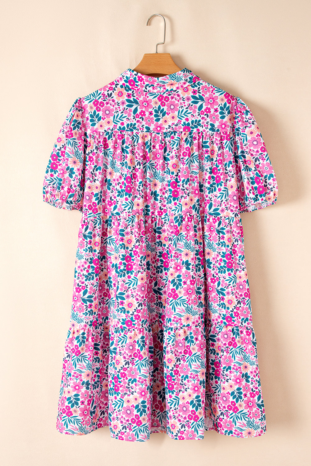Pink Plus Size Floral Half Button Puff Sleeve A Line Dress
