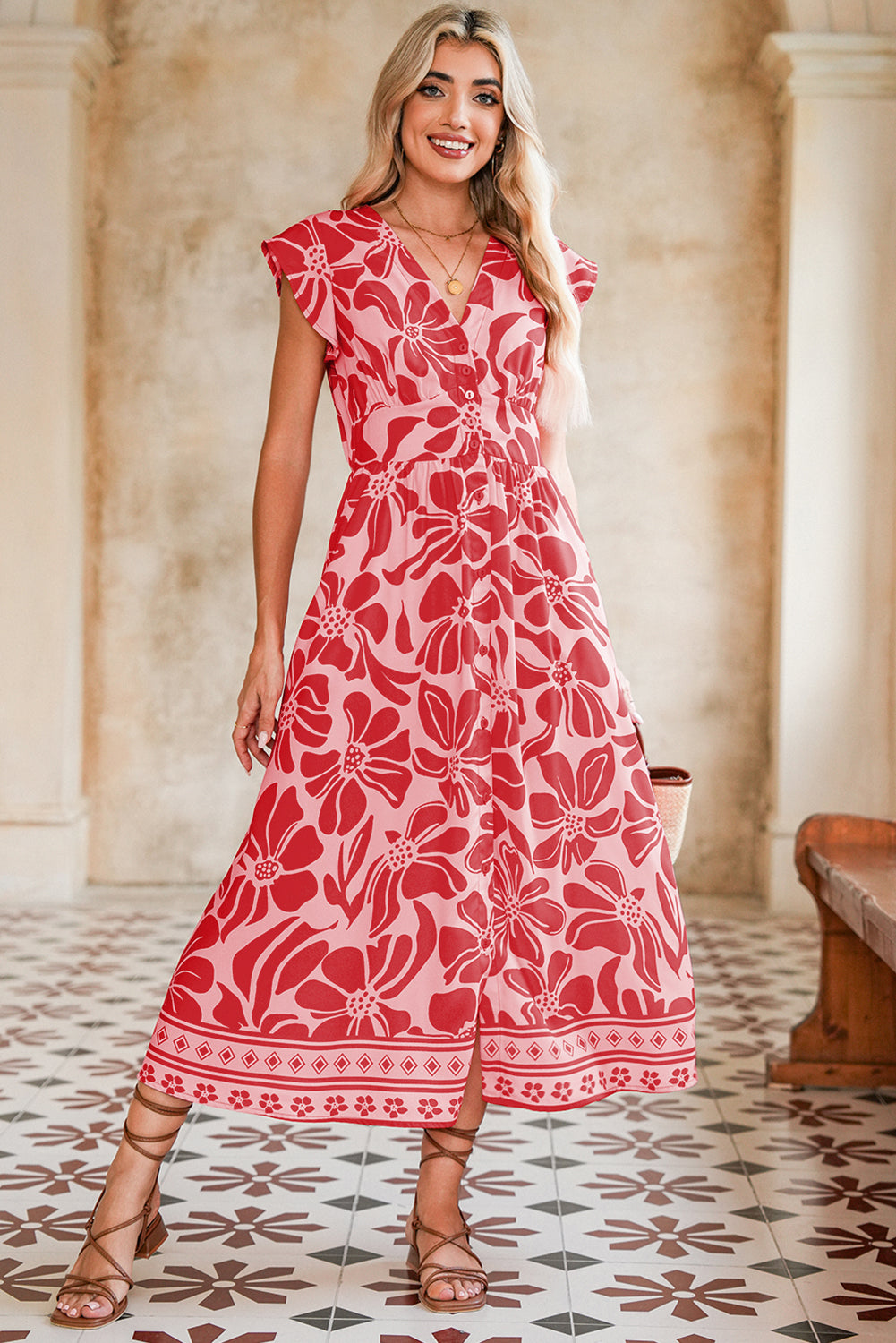 Red Boho Floral V-Neck Ruffle Shoulder Maxi Dress