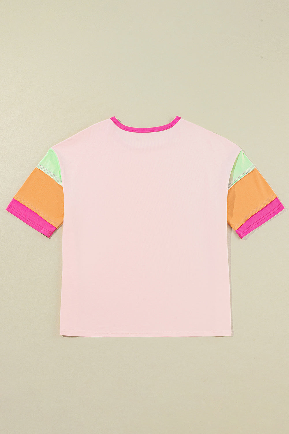 Pink Colorblock Sleeve Rhinestone Bow Football Print T Shirt