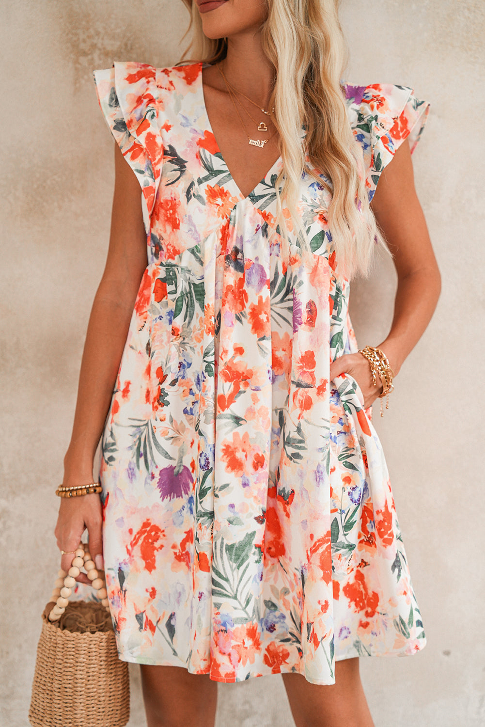 Pink Floral Ruffle Sleeve V Neck High Waist Mini Dress