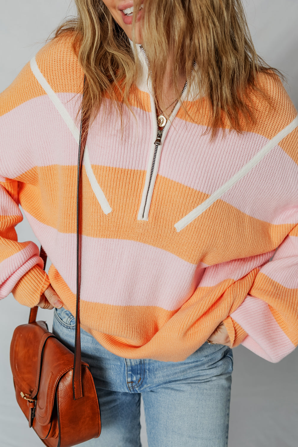 Orange Stripe Half Zip Collar Loose Sweater