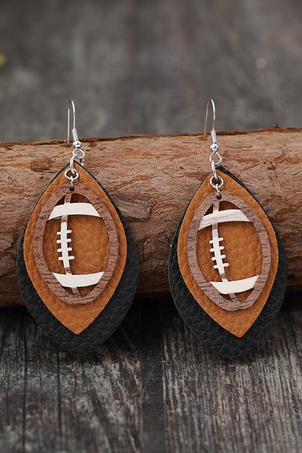 Chestnut Football Shape PU Leather Drop Earrings