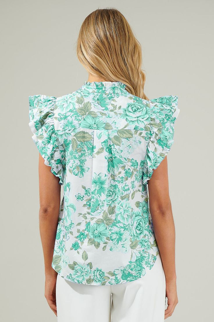 Green Floral Print Ruffle Sleeve Frill Shirt