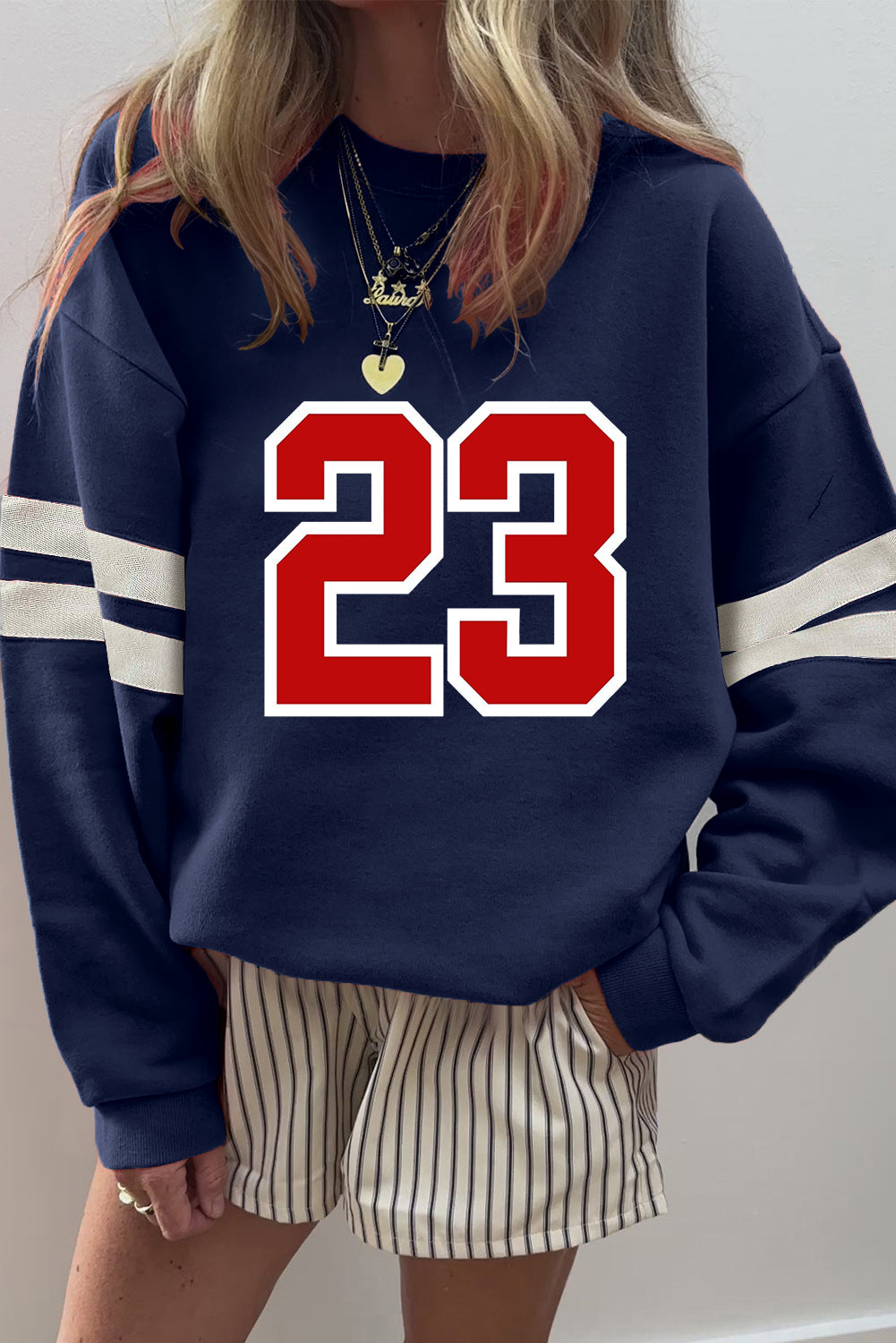 Navy Blue Number 23 Striped Sleeve Oversized Varsity Sweatshirt