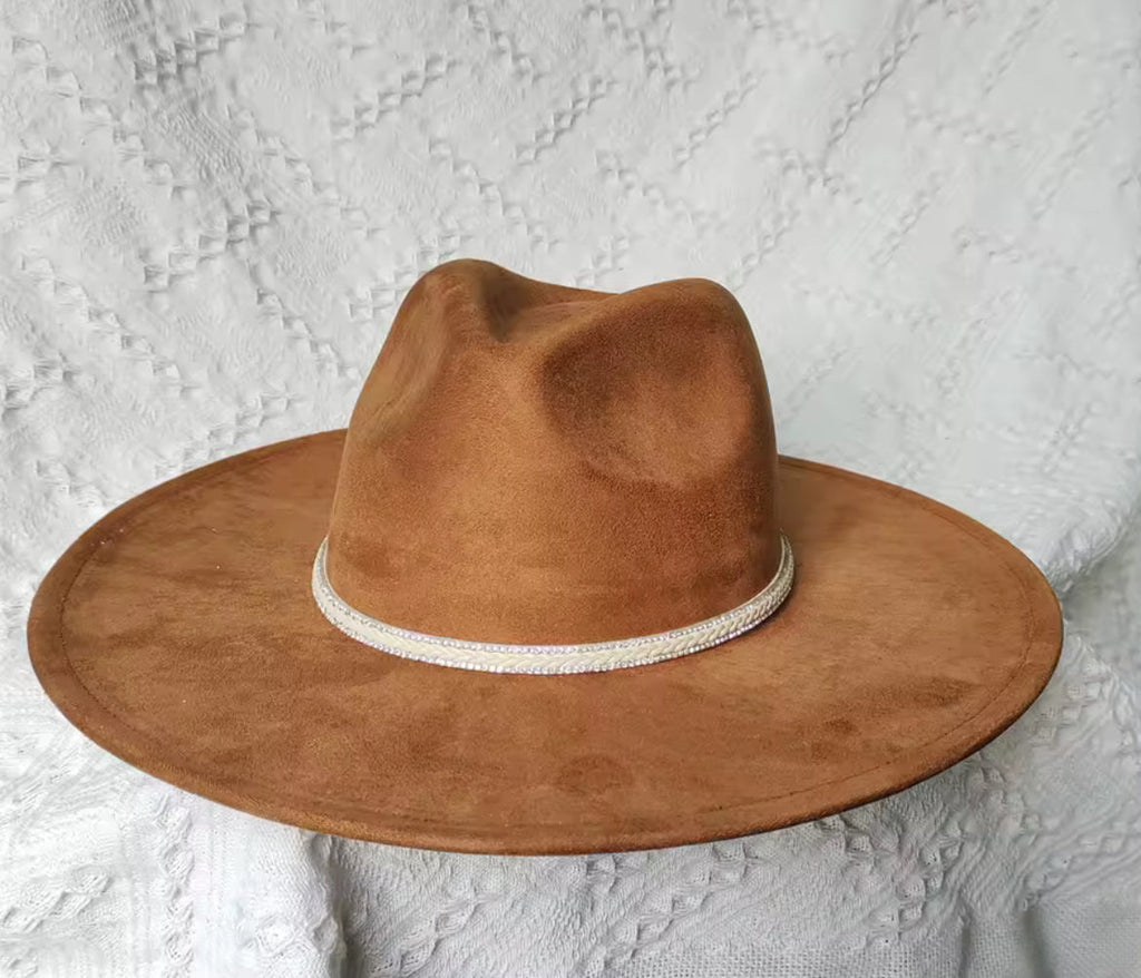 Dazzleme Suede Wide Brim Fedora Hat - Vegan Suede Material, Adjustable Straps, 10cm Brim, 12cm Height, Unisex Fashion Accessory-0