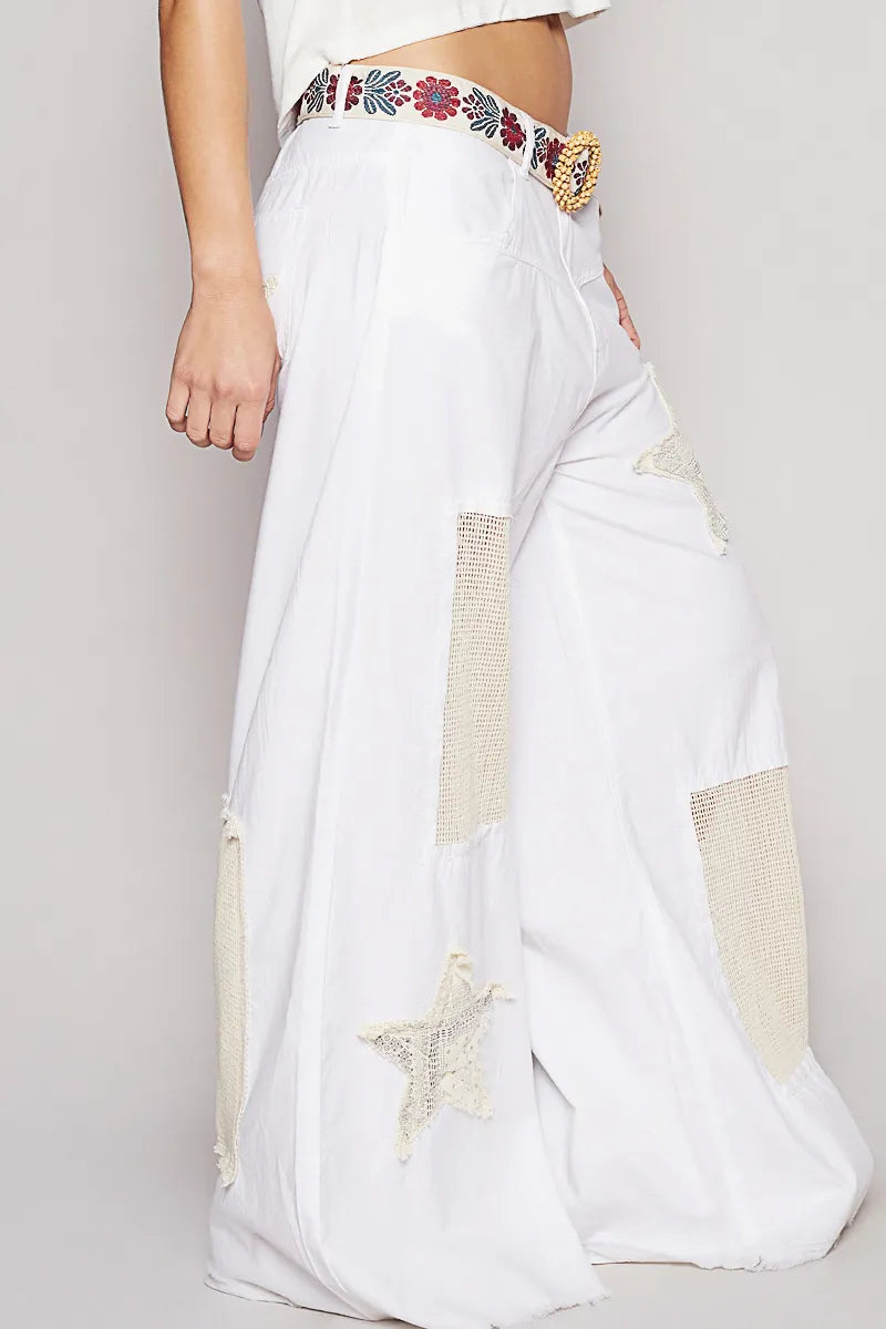 Raw Hem Star Patch Wide Leg Pants