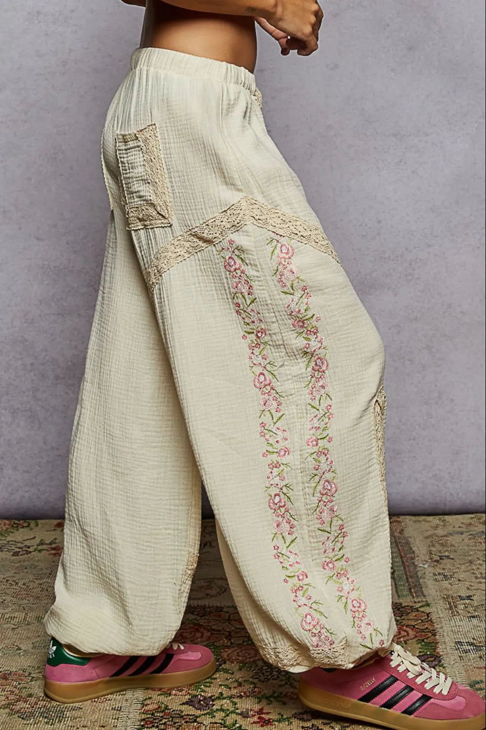 Floral Embroidered Drawstring Joggers with Lace Trim