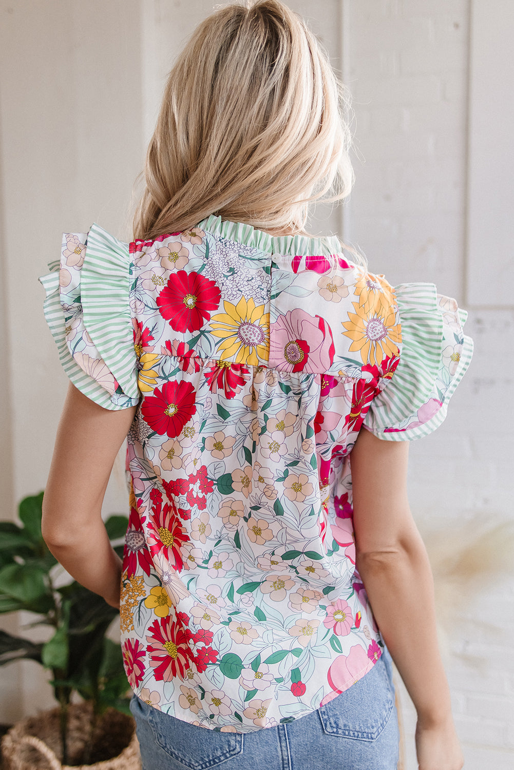 Anne Floral Ruffle Trim Short Sleeve Blouse-1