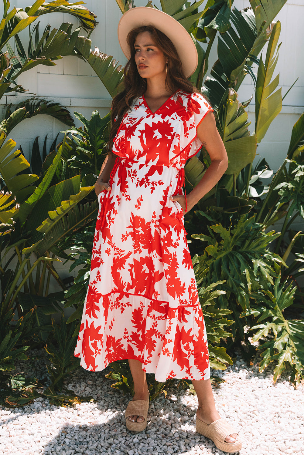 Scarlett Floral Trimmed V Neck Ruffle Sleeve Long Dress-0