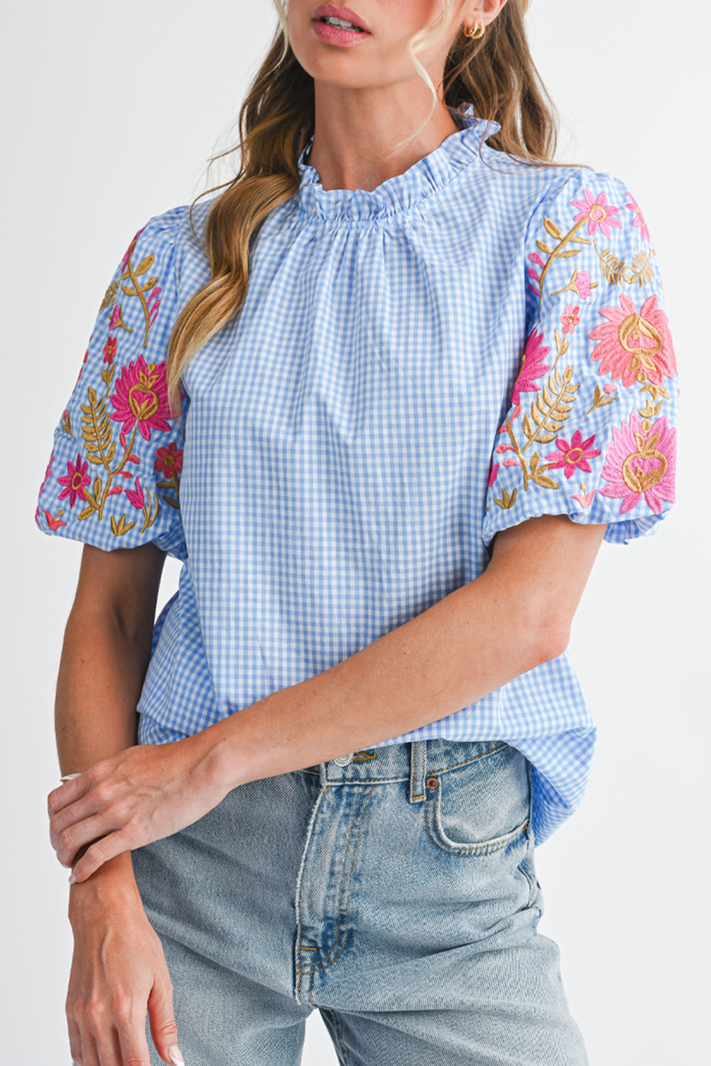 Light Blue Flower Embroidered Puff Sleeve Gingham Blouse