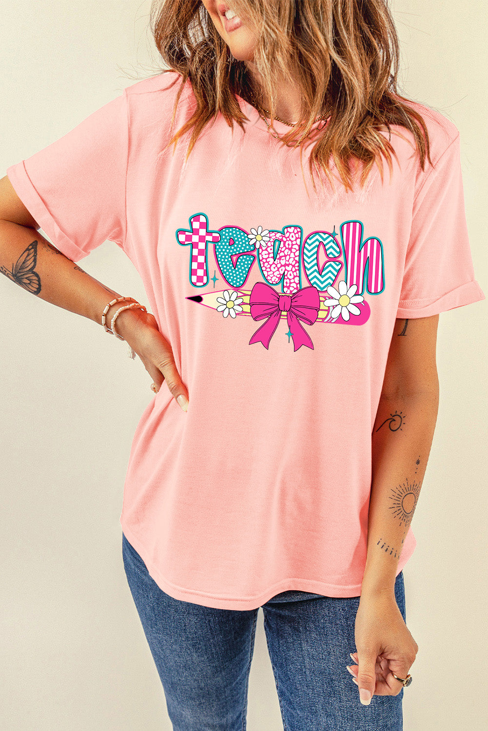 Pink Retro Checkered teach and Bow Pencil Graphic T Shirt