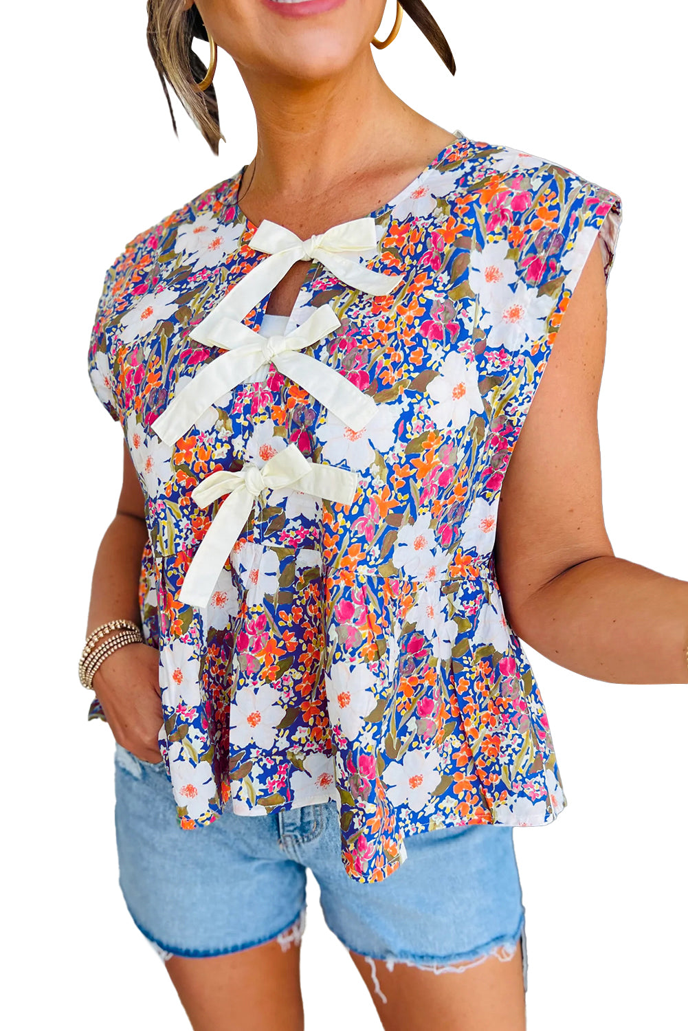Rose Floral Bow Front Sleeveless Peplum Shirt