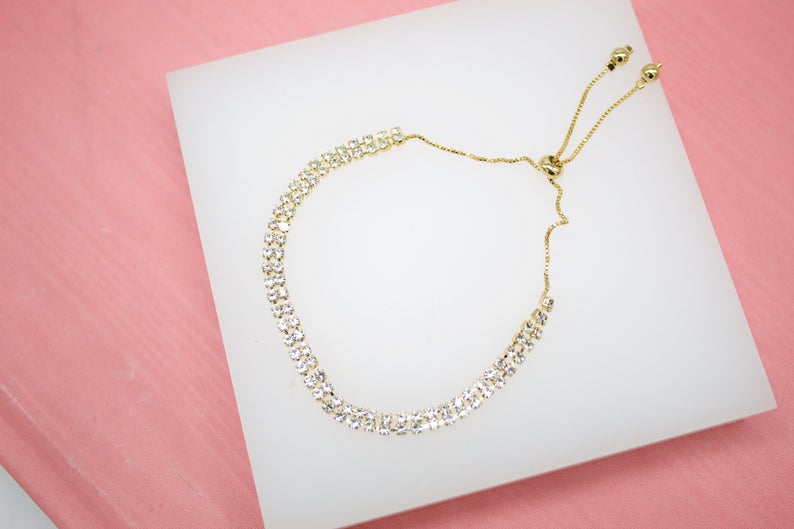 18K Gold Filled Adjustable Box Chain Dainty Bracelet With Small Round Clear CZ Stones (I111)-0