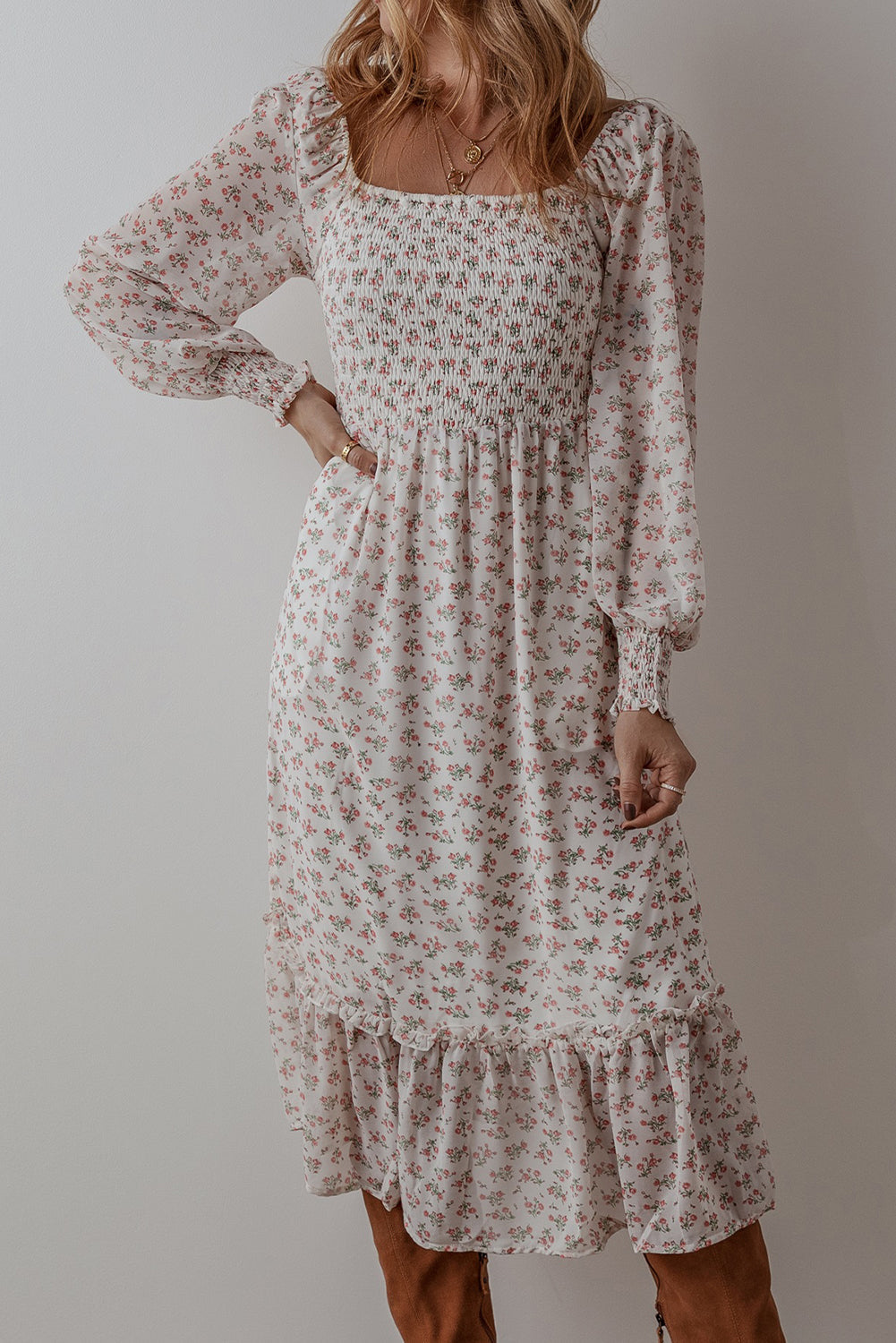 Delaney Ruffled Hem Square Neck Midi Dress-3
