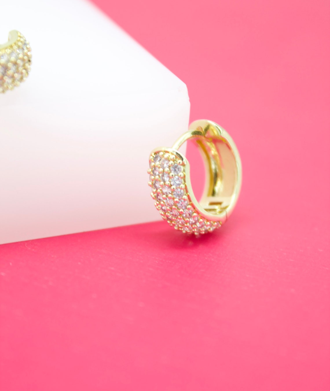 18K Gold Filled Rounded Huggies With Micro CZ Stones-0