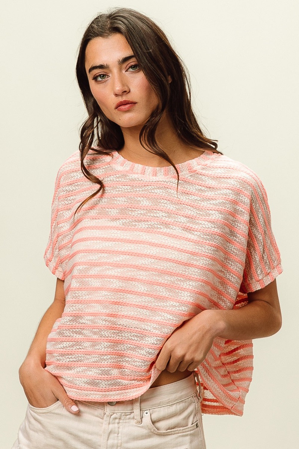 BiBi Braid Striped Short Sleeve Round Neck T-Shirt-2