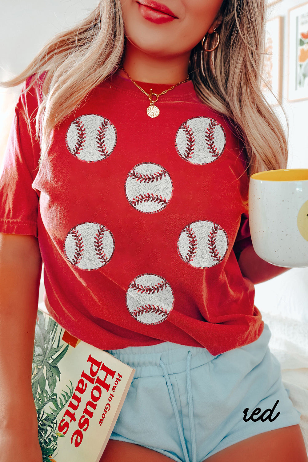 Red Sequin Baseball Pattern Crew Neck Game Day T Shirt