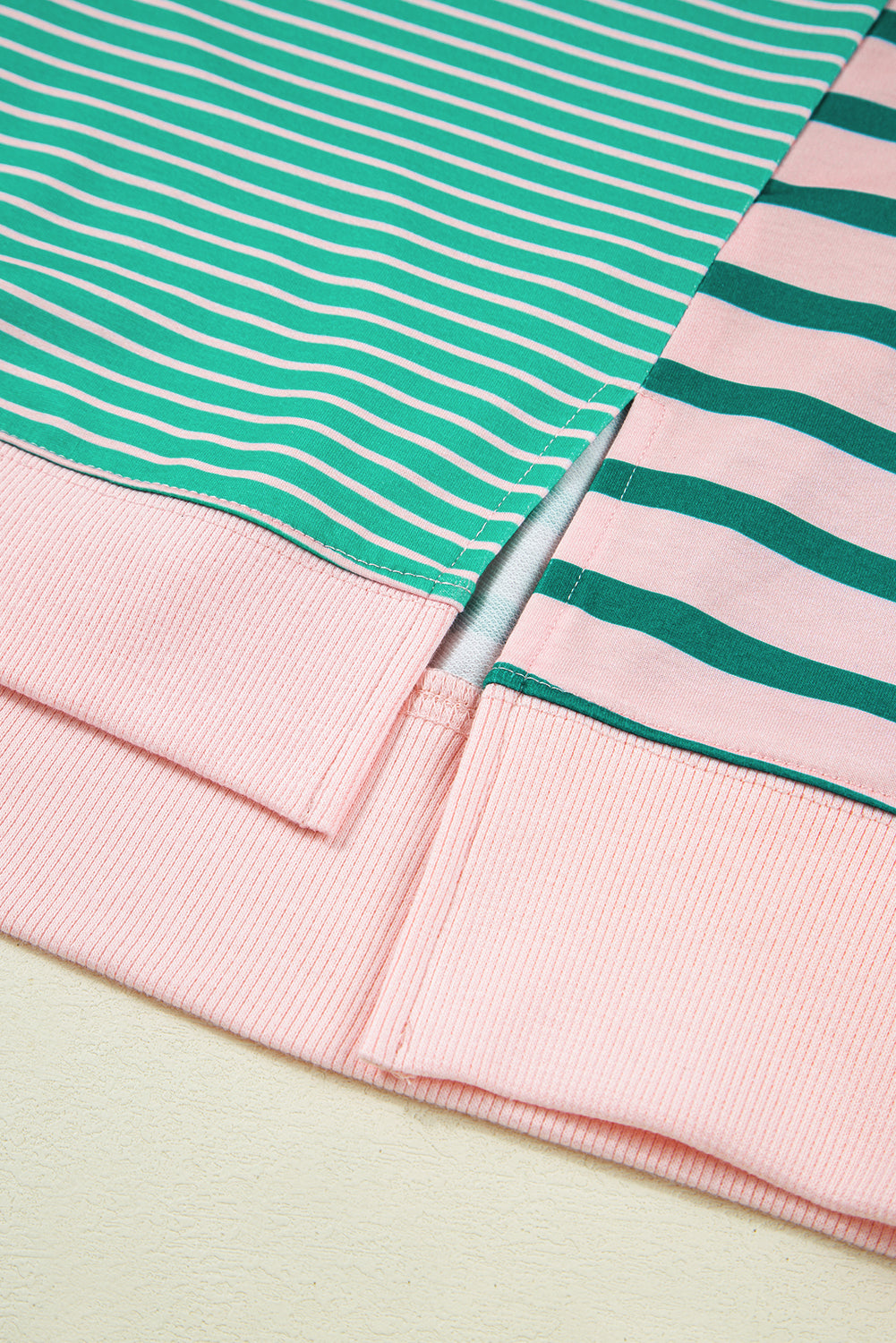 Green Stripe Colorblock Patchwork Side Slit Plus Size Sweatshirt