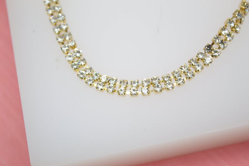 18K Gold Filled Adjustable Box Chain Dainty Bracelet With Small Round Clear CZ Stones (I111)-1