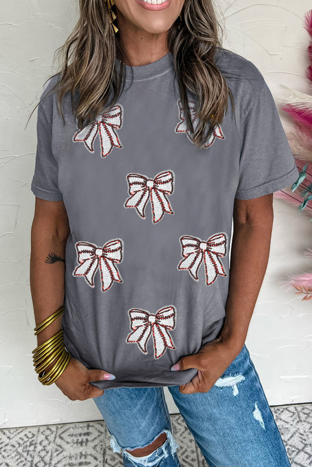 Gray Game Day Sequin Bow Fashion Graphic Tee