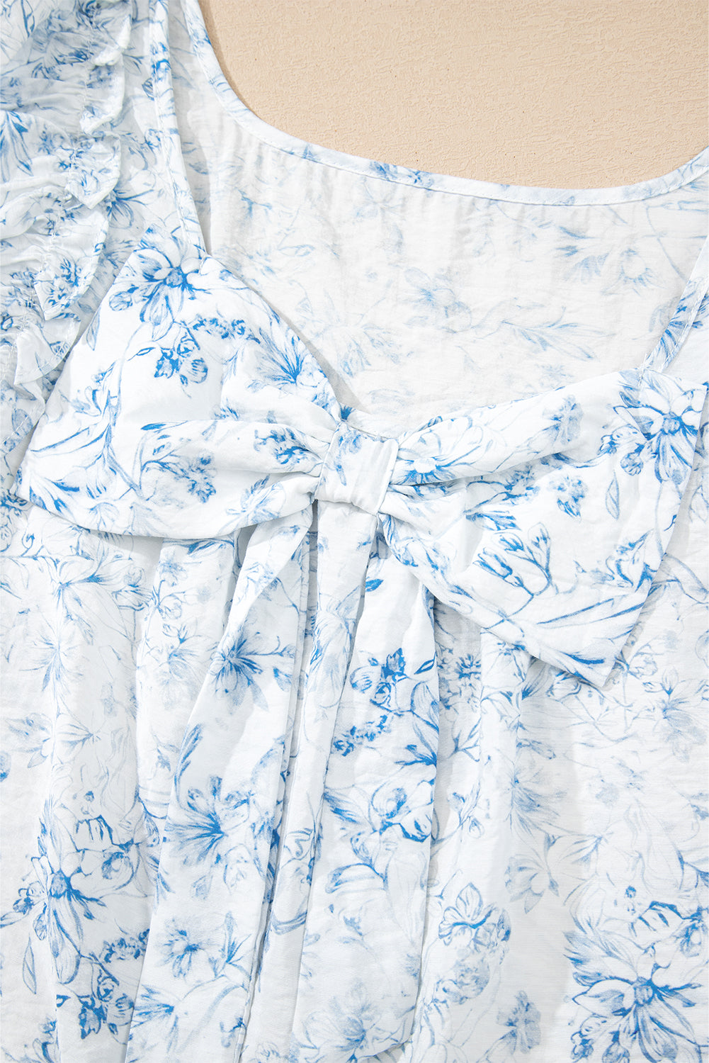 Sky Blue Floral Ruffle Short Sleeve Bow Back Blouse