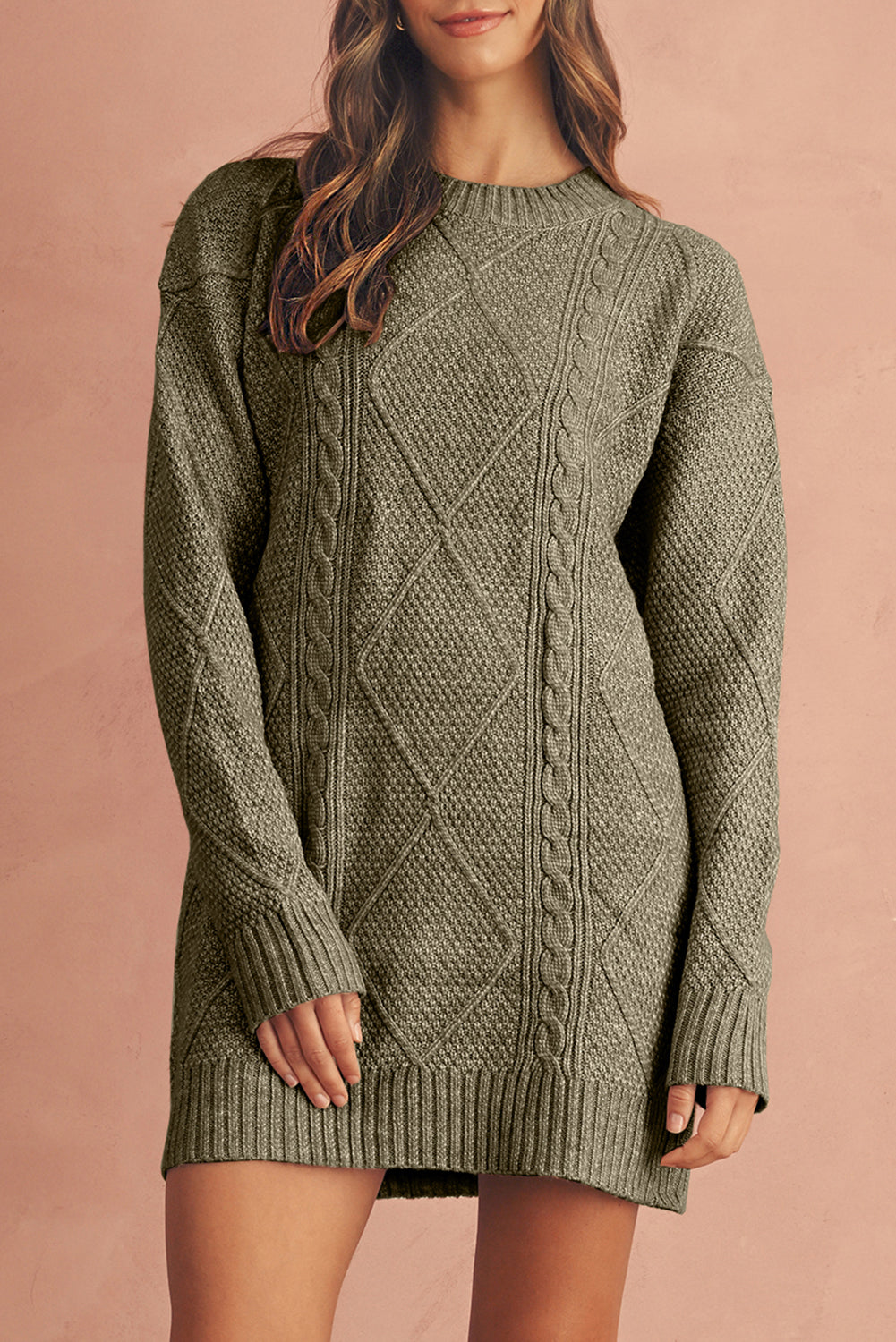 Mist Green Twist Cable Knit Drop Shoulder Loose Fit Sweater Dress