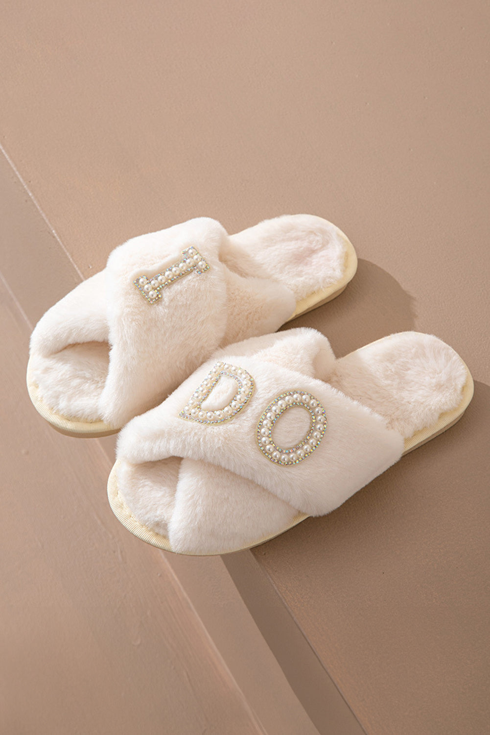 White I DO Pearl Cross Band Fuzzy Slippers