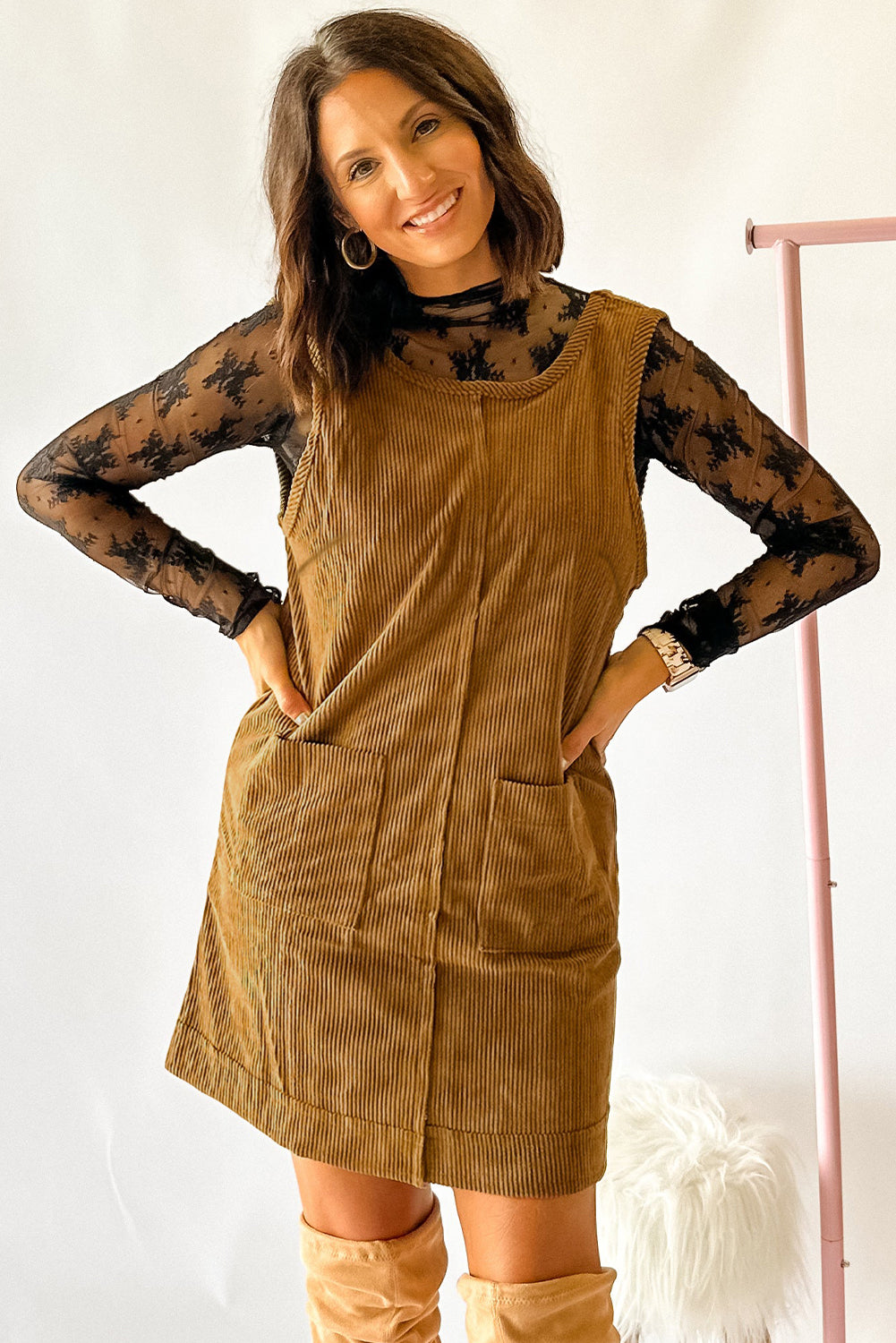 Beige Corduroy Exposed Seam Sleeveless Mini Dress