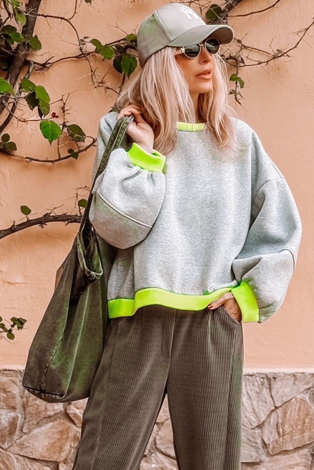 Light Grey Contrast Color Patchwork Drop Sleeve Loose Sweatshirt