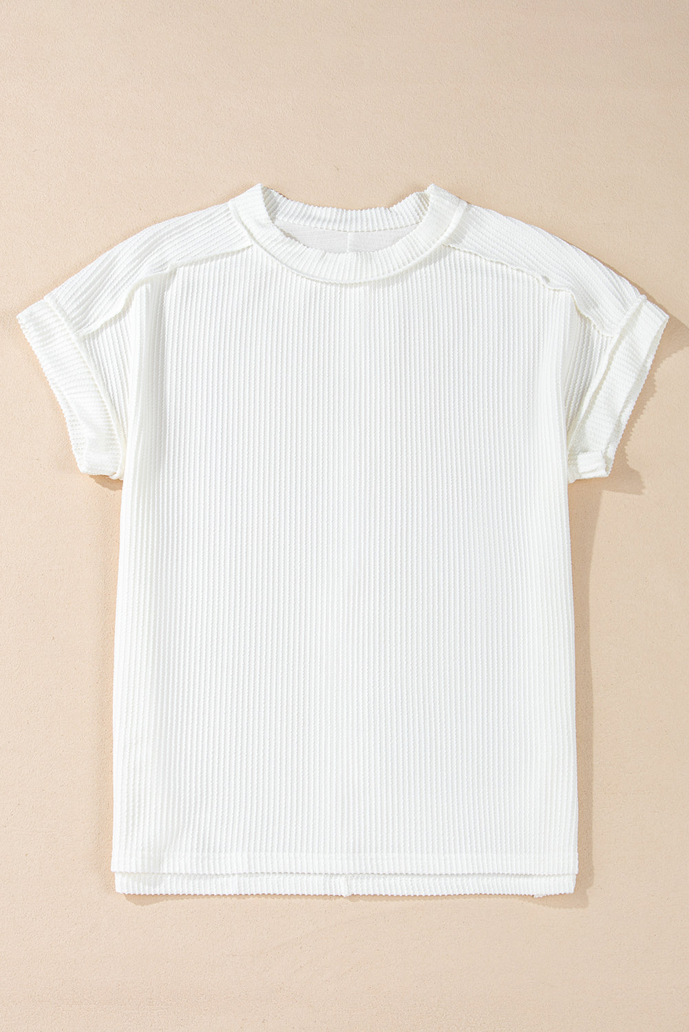 White Crinkle Rib Textured Knit Round Neck T Shirt