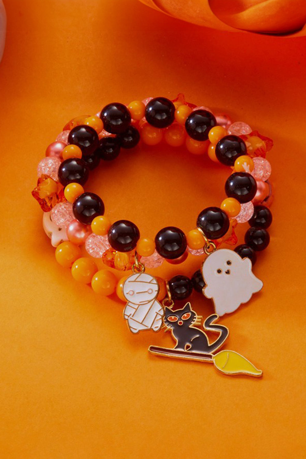 Orange 3pcs Halloween Pendent Elastic Beaded Bracelet Set
