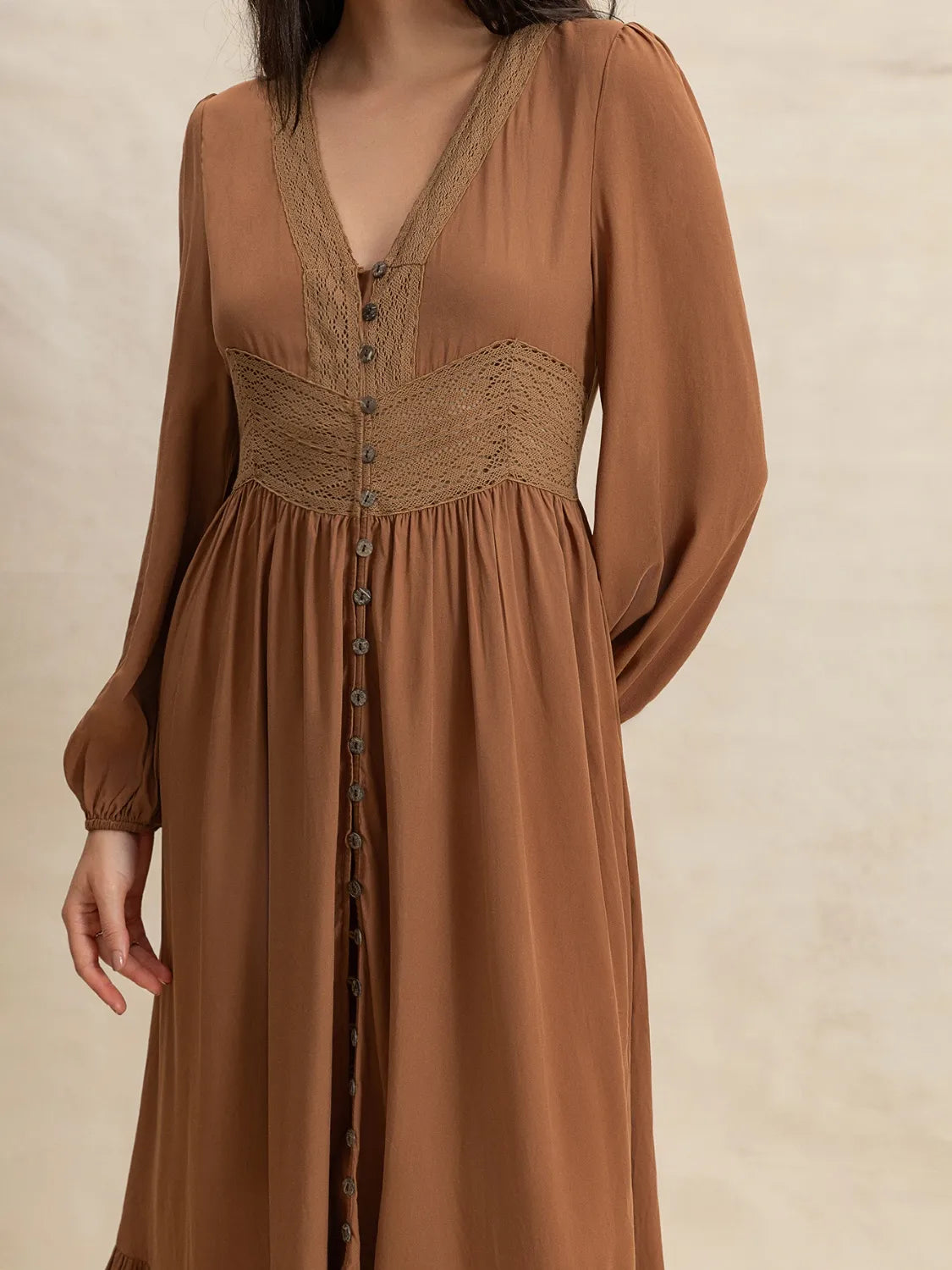 Ruffled Hem V-Neck Balloon Sleeve Maxi Dress