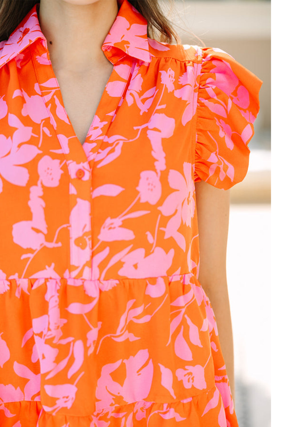 Orange Floral Print Collared Flutter Sleeve Blouse