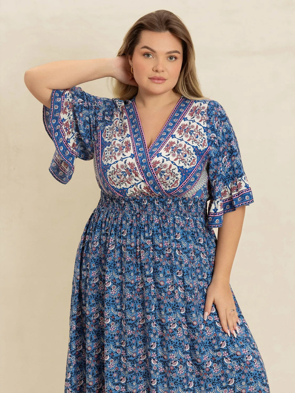 Plus Size Printed Surplice Half Sleeve Dress