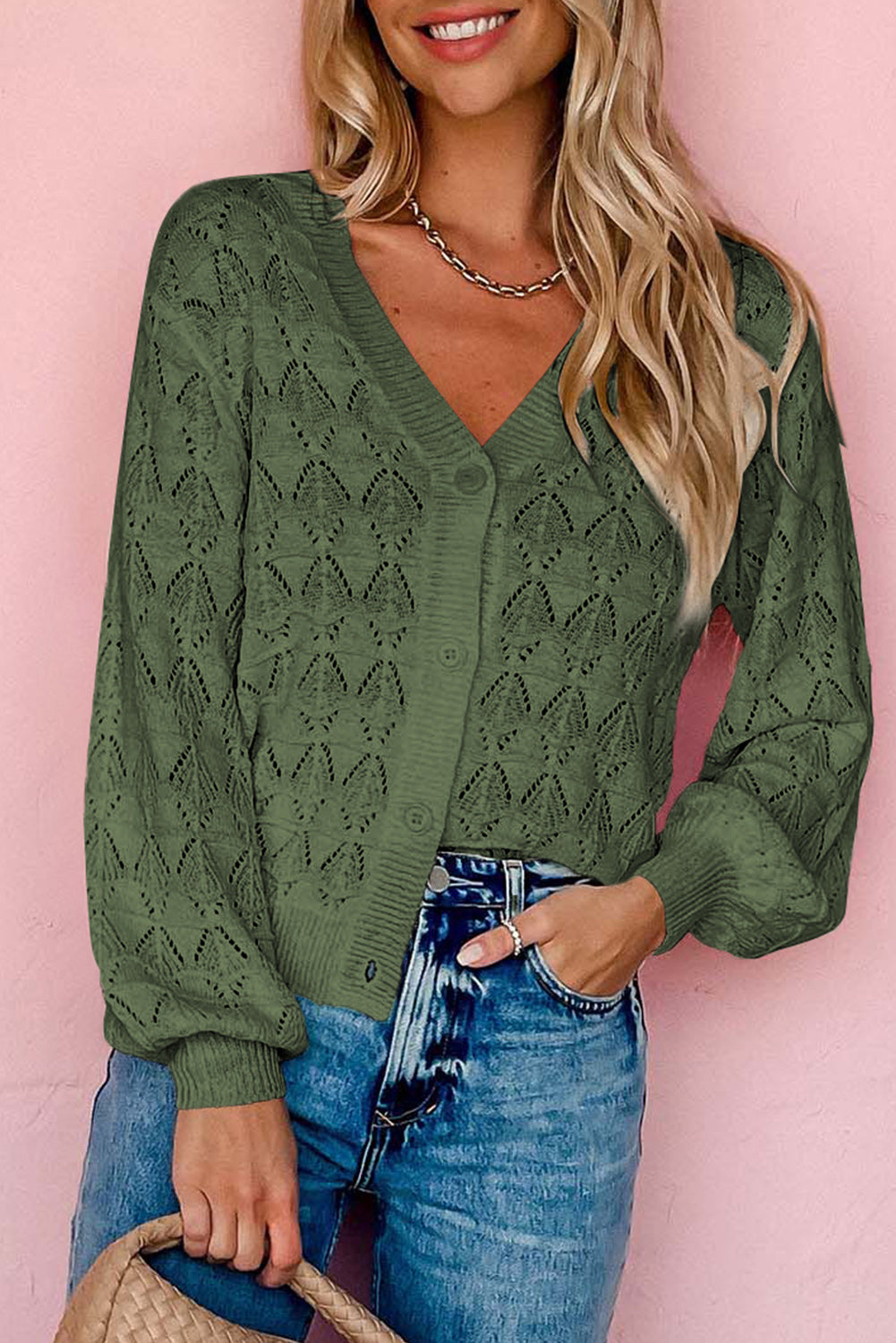 Green Lightweight Buttoned Front Crochet Cardigan