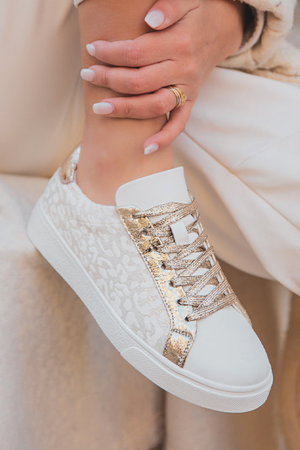 White Leopard Print Lace Up Sneaker