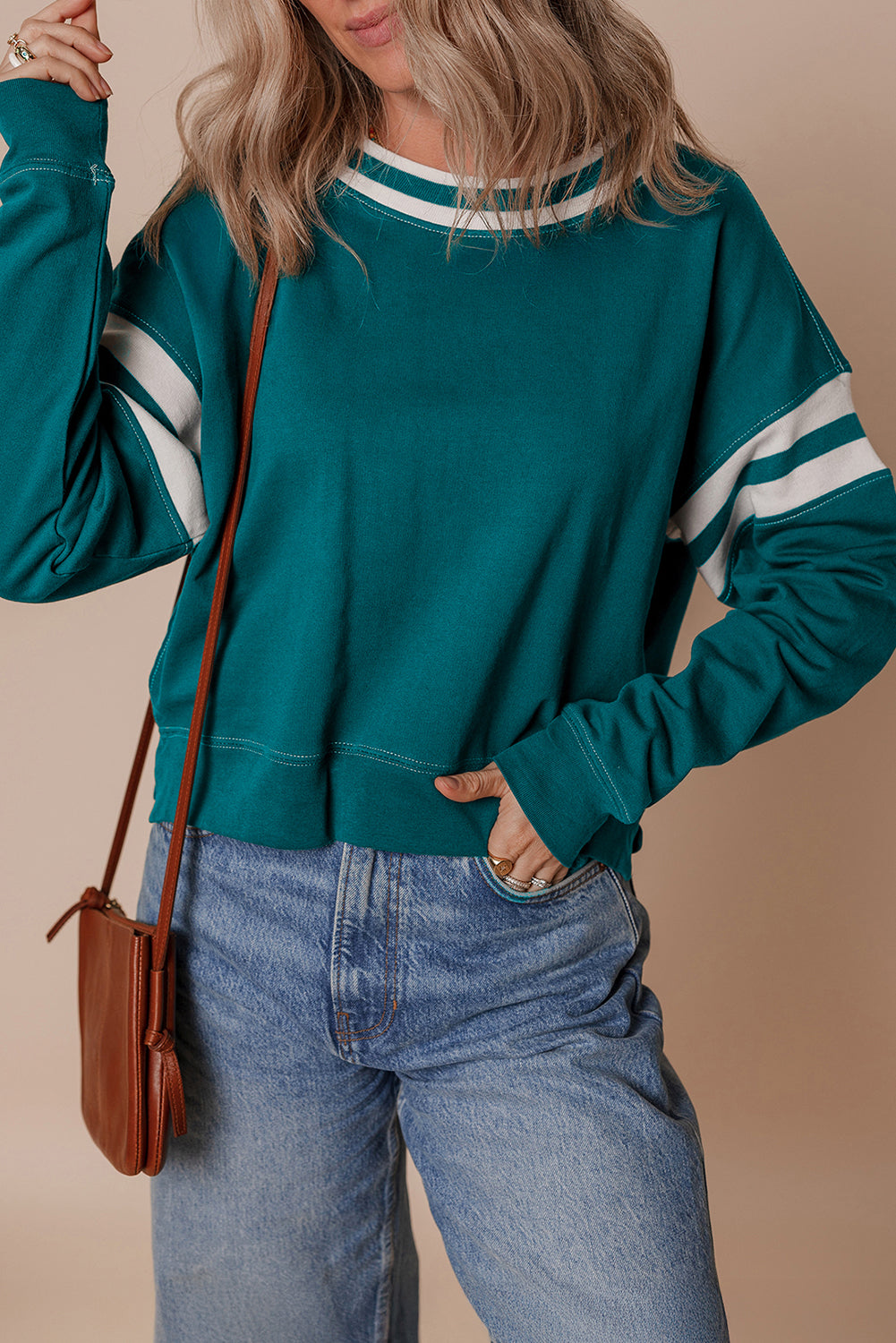 Blackish Green Contrast Striped Patchwork Drop Shoulder Sweatshirt