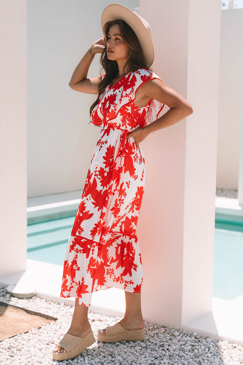 Scarlett Floral Trimmed V Neck Ruffle Sleeve Long Dress-2