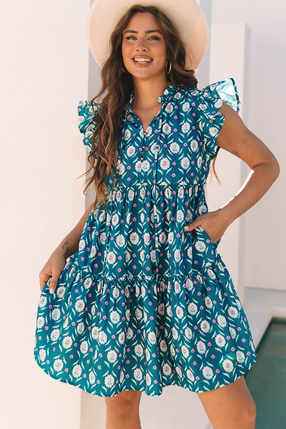 Sierra Retro Floral Ruffle Short Sleeve Dress-0