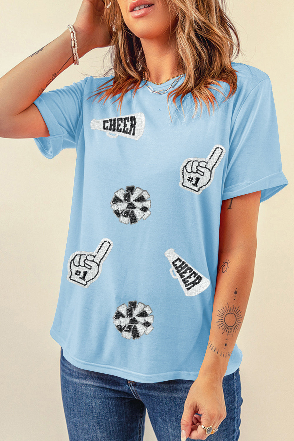 Light Blue Cheer Game Day Element Sequin Patched T Shirt