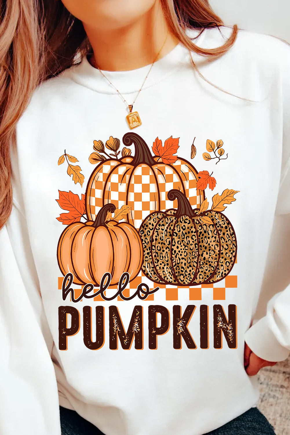 White Hello Pumpkin Thanksgiving Graphic Sweatshirt