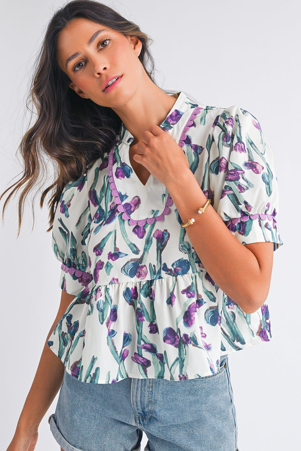 Purple Floral Ricrac Trim Puff Sleeve Peplum Blouse