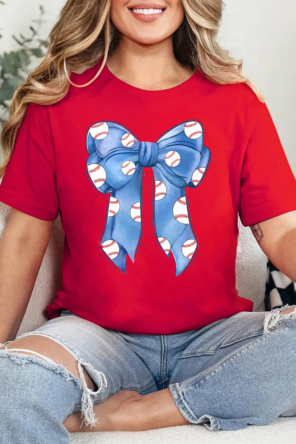 Red Baseball Bowknot Graphic Crew Neck Tee