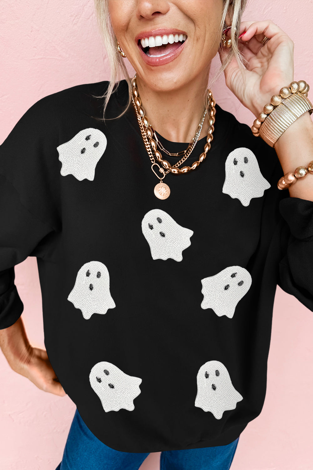Black Sequin Halloween Ghost Patched Drop Shoulder Sweatshirt