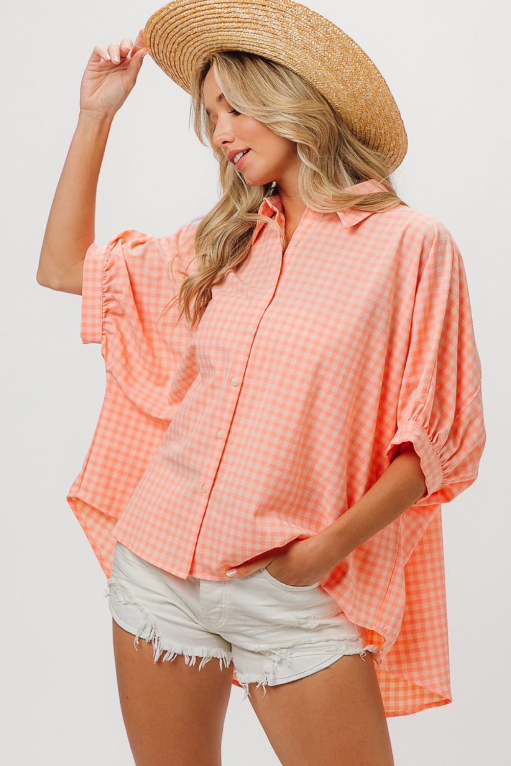 BiBi Plaid Button Up Dolman Sleeve Shirt-3